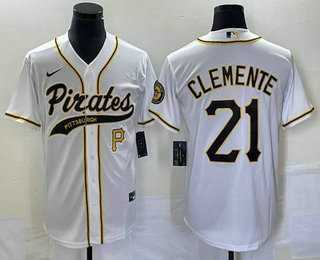 Men%27s Pittsburgh Pirates #21 Roberto Clemente Number White Cool Base Stitched Baseball Jersey